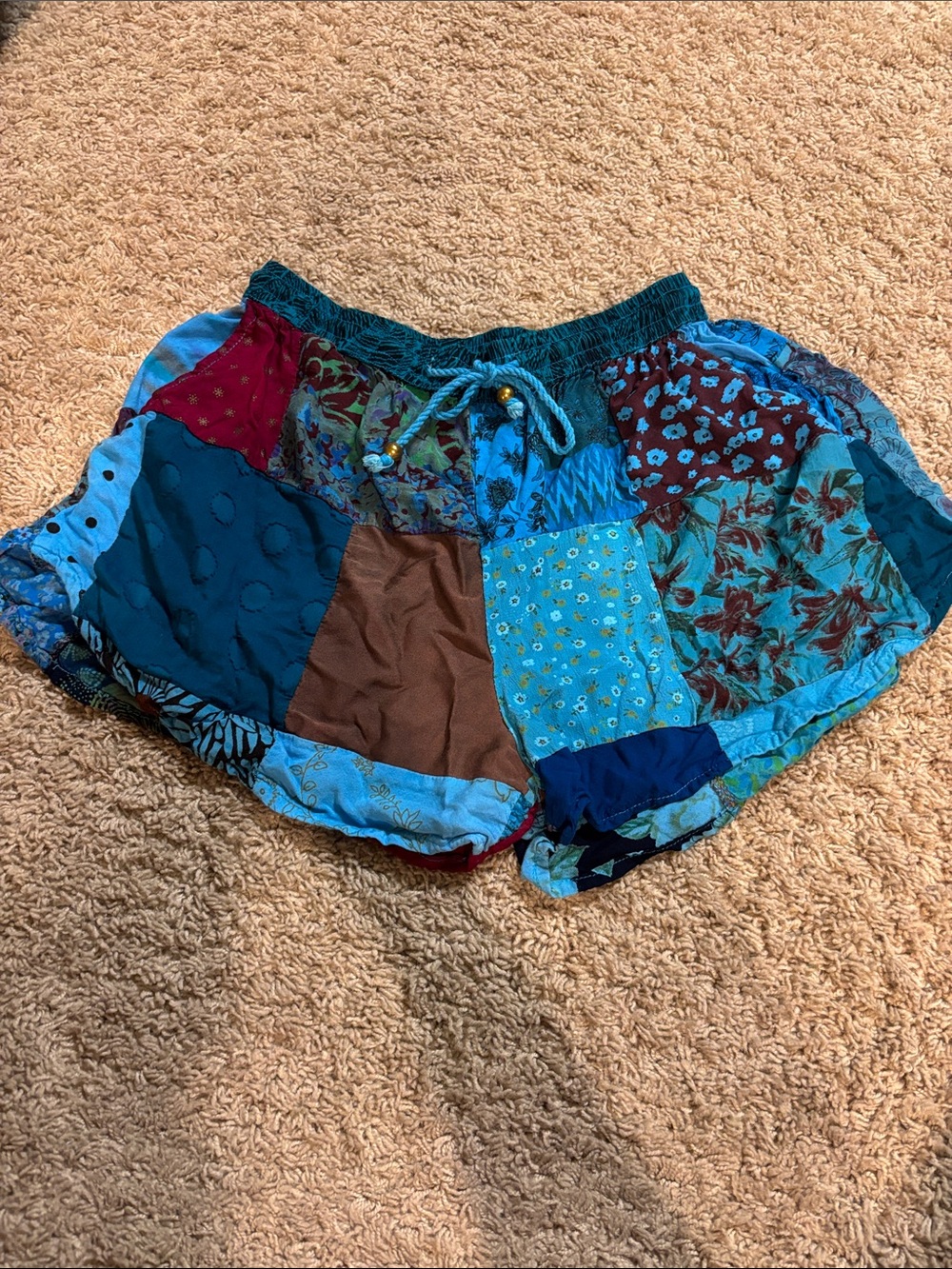 Advance Multi-Print Patchwork Shorts in Teal, Blue & Brown